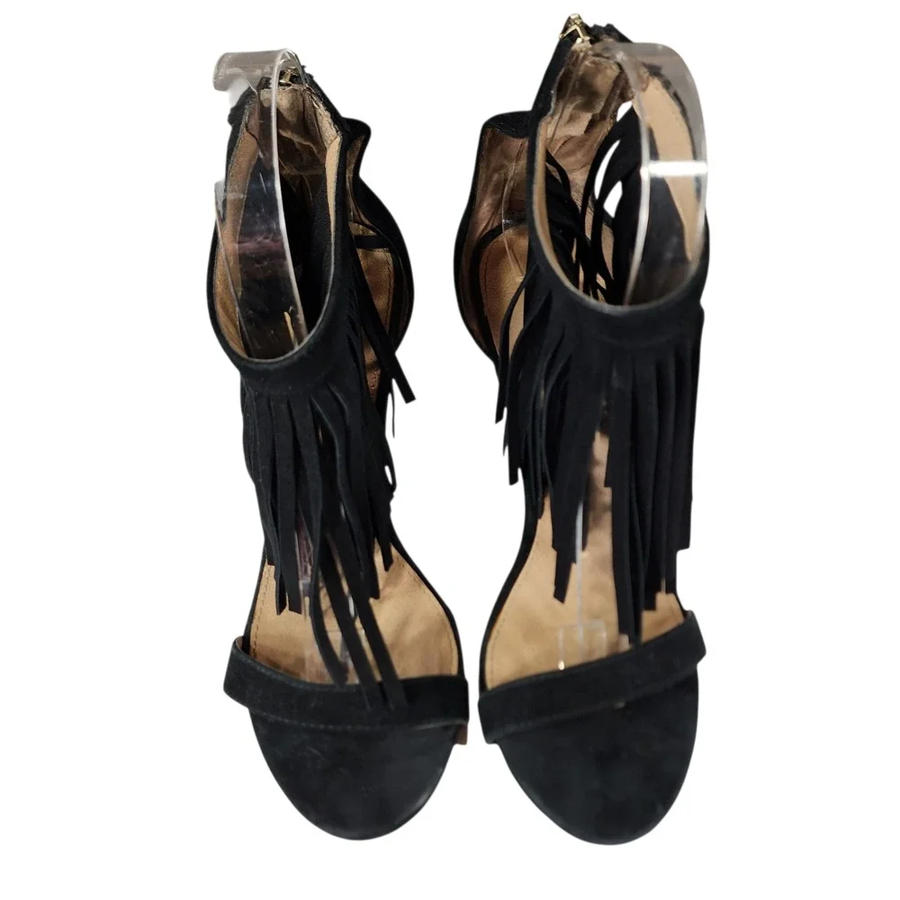 Steve Madden Fringe Stiletto Heel 7.5M Women Staarz Black Suede Ankle Strap Zip‎